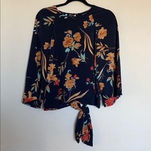 ZARA Floral Wide-Sleeve Top with Tie Detail